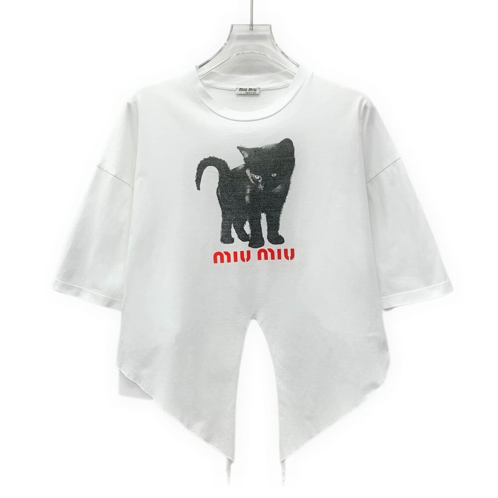GW0522 Miu Miu White cat letter printed cotton round neck short-sleeved T-shirt - Picture 1 of 9